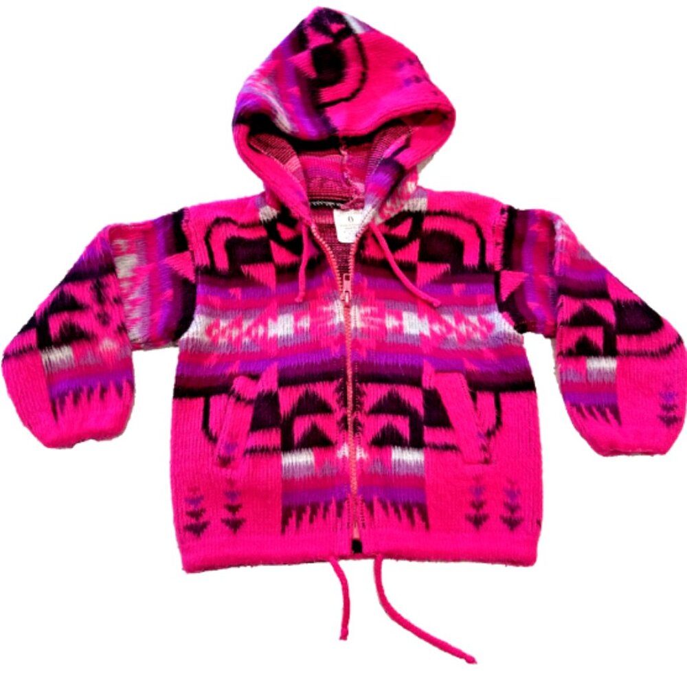 Artesanias Tuntaquimba Wool Full Zip Southwestern Aztec‎ Hooded Cardigan Sweater